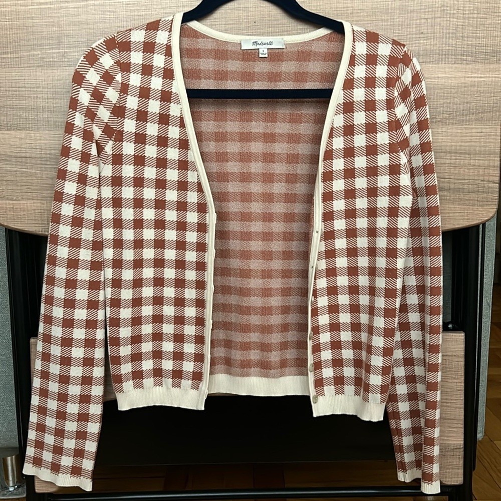 Madewell Checkered Sweater Carmon Crop Cardigan in Gingham Check